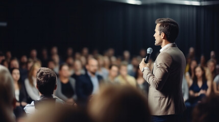 Motivational speaker with headset performing on stage with microphone in haand, back view