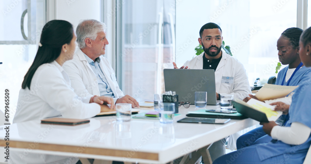 Poster Doctors, nurses and medical group in meeting, teamwork and planning or discussion of hospital or clinic workflow. Mentor or healthcare people on laptop, notebook ideas and solution or research advice