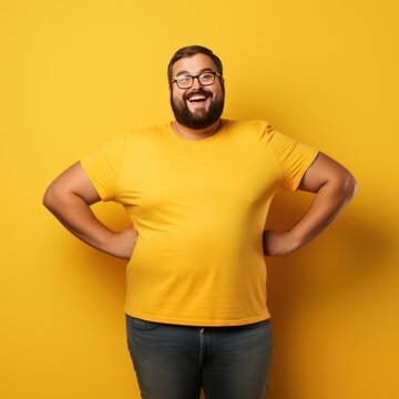 Fat man smiling in yellow t-shirt on yellow background isolated AI