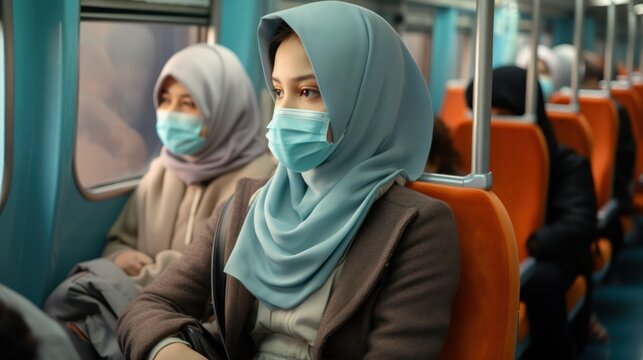 Young Muslim Woman Wearing Face Mask While Traveling By Train