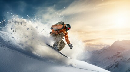 Naklejka na ściany i meble Flying snowboarder on mountains. Extreme winter sport