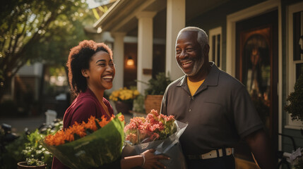 Candid photo of the elderly black couple receives delivery of groceries in bags from a volunteer