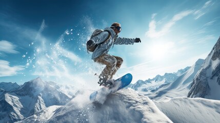 Flying snowboarder on mountains. Extreme winter sport - obrazy, fototapety, plakaty