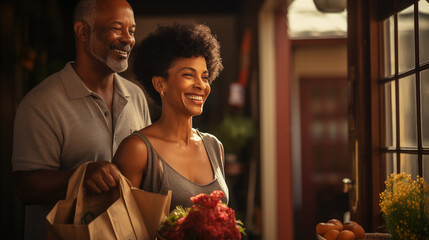 Candid photo of the elderly black couple receives delivery of groceries in bags from a volunteer