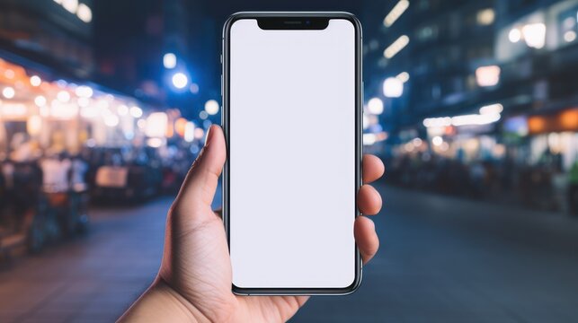 Mockup image of a hand holding mobile phone with blank white screen