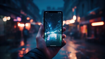 Mockup image of a hand holding mobile phone with blank white screen over blurred night street background.