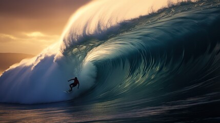 surfer riding a big wave with the surfer behind the wave - obrazy, fototapety, plakaty