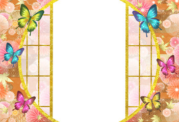 和柄　和風　背景素材　障子窓　和紙　キラキラ飾り枠　年賀状