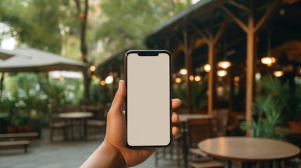 Mockup image of a hand holding mobile phone with blank white screen