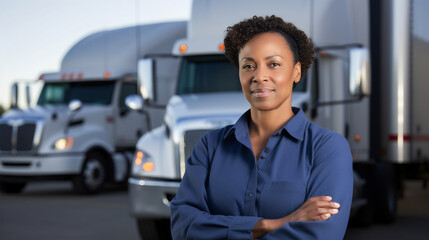 Portrait of young female truck driver standing in front of trucks