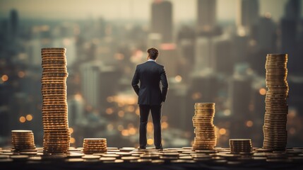 Businessman standing on top of coins and looking at the city. - obrazy, fototapety, plakaty