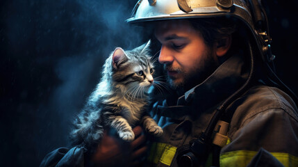 Fototapeta na wymiar Fireman holding a cat in his hands. Hero saving a pet
