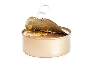 Opened Tin Can with Chicken Liver Pate Isolated on White Background. Open Canned Pate - Isolation