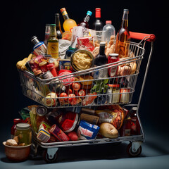 shopping cart packed with groceries and drinks, big celebration, dinner, meal, party coming up - obrazy, fototapety, plakaty