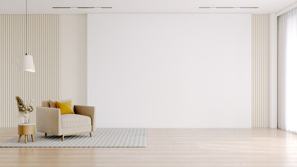 Modern and Minimal interior lliving room  ,white and cream wall background ,wood floor ,3d render