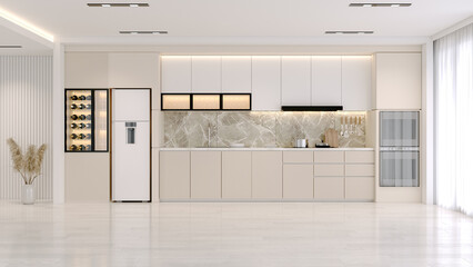 Modern Contemporary kitchen  room interior .white and cream color material 3d render