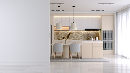 Modern Contemporary kitchen  room interior .white and cream color material 3d render - obrazy, fototapety, plakaty