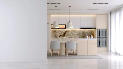 Foto op Plexiglas Modern Contemporary kitchen  room interior .white and cream color material 3d render © LEKSTOCK 3D
