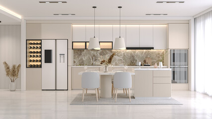 Modern Contemporary kitchen  room interior .white and cream color material 3d render