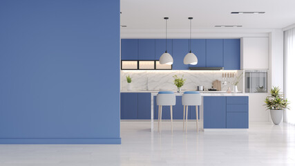 Modern Contemporary kitchen  room interior .white and blue nova material 3d render