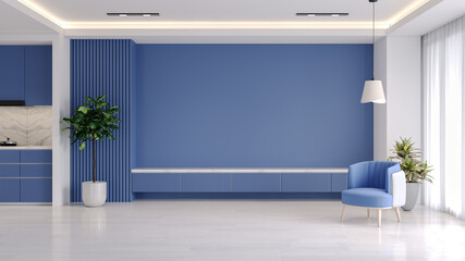 TV wall mock up ,Modern interior of living room with blue armchairs on white flooring and  blue nova wall .emptry room ,3d rendering