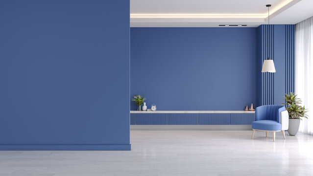 TV wall mock up ,Modern interior of living room with blue armchairs on white flooring and  blue nova wall .emptry room ,3d rendering