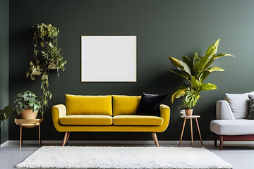 A Crimson Couch and Coffee Table, Potted Plants, Golden Yellow Theme Wall with Vertical Blank Poster in a Minimalist Room