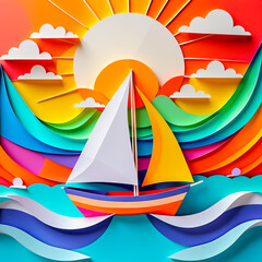 Paper art style of sailing boat in sea with sun.