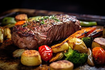 Grilled beef steak with vegetables on a dark background. Toned, Succulent fillet steak and roast...