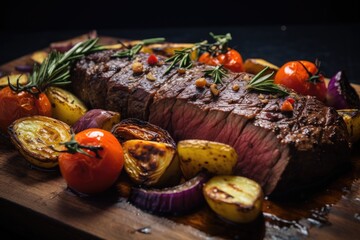 Grilled beefsteak with baked potatoes and vegetables on wooden board, Succulent fillet steak and roast vegetables close up, AI Generated