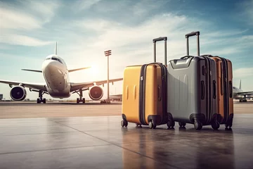 Foto op Canvas Travel luggage and airplane on the airport runway. Travel and vacation concept, Suitcases in the airport. Travel concept, plane flying on the background, AI Generated © Iftikhar alam