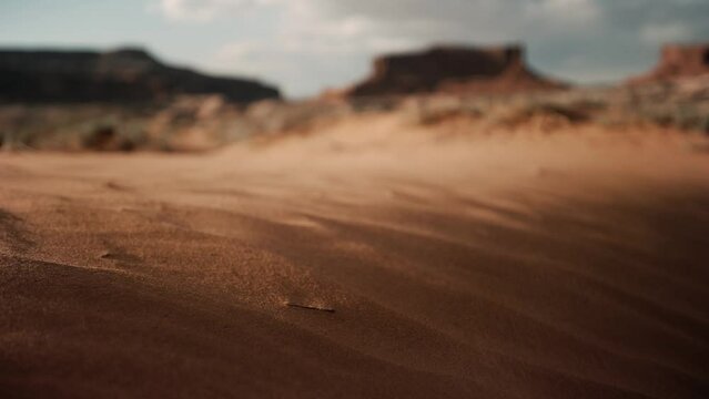 Grains of sand blowing in the desert wind during sunset