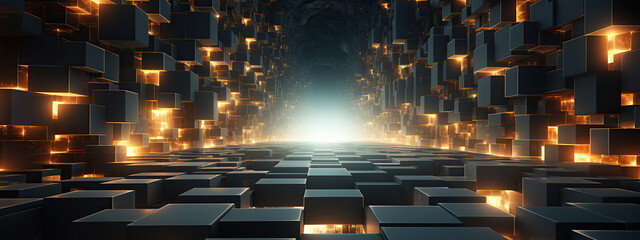 A bright focal light illuminates a pathway through a dense field of glowing cubes, offering a metaphor for guidance and clarity in a complex structure.