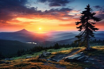 Fantastic sunset in the mountains. Dramatic scene. Carpathian, Ukraine, Europe. Beauty world, Sunset in the Carpathian mountains. Ukraine, Europe, AI Generated - obrazy, fototapety, plakaty