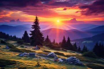 Fototapeta na wymiar Majestic sunset in the mountains landscape. Carpathian, Ukraine, Europe. Beauty world, Sunset in the Carpathian mountains. Ukraine, Europe, AI Generated