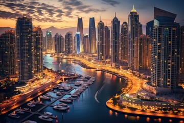 Naklejka na ściany i meble Dubai Marina at night in Dubai, UAE. Dubai was the fastest developing city in the world between 2002 and 2008, Sunset view of the Dubai Marina and JBR area and the famous, AI Generated