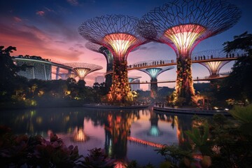 Supertree Grove at Gardens by the Bay in Singapore. Gardens by the Bay is a park spanning 101 hectares of reclaimed land in central Singapore - obrazy, fototapety, plakaty