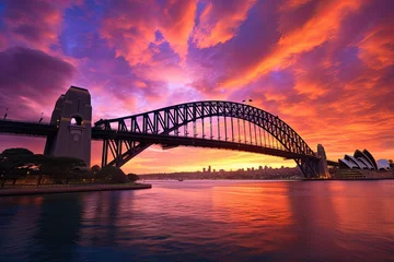 Raamstickers Sydney Harbour Bridge Sydney Harbour Bridge at sunset, Australia. Beautiful sunset over Sydney Harbour Bridge, sydney harbour bridge at sunset, AI Generated