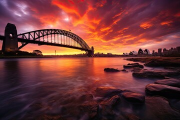 Sydney Harbour Bridge at sunset, Australia. Long exposure, sydney harbour bridge at sunset, AI...