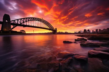 Papier Peint photo Sydney Harbour Bridge Sydney Harbour Bridge at sunset, Australia. Long exposure, sydney harbour bridge at sunset, AI Generated