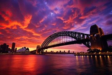 Sydney Harbour Bridge at sunset, Australia. Sydney Harbour Bridge is a famous attraction in Sydney,...