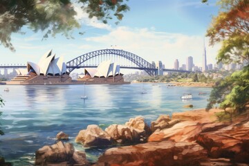 Sydney Opera House and Sydney Harbour Bridge, Australia. Digital painting, sydney harbour view with...