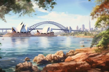 Store enrouleur Sydney Harbour Bridge Sydney Opera House and Sydney Harbour Bridge, Australia. Digital painting, sydney harbour view with opera house, bridge and rocks in the foreground, AI Generated