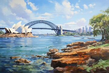 Sydney Opera House and Sydney Harbour Bridge, Australia. Oil painting style, sydney harbour view...