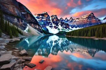 Moraine lake in Banff National Park, Alberta, Canada, Taken at the peak of color during the morning sunrise at Moraine lake in Banff National park, AI Generated