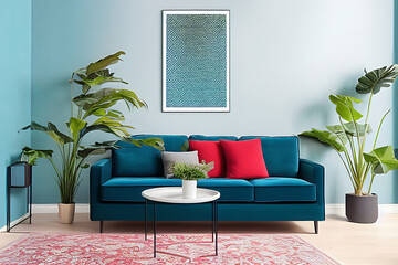 A Crimson Couch and Coffee Table, Potted Plants, Nile Blue Theme Wall with Vertical Blank Poster in a Minimalist Room