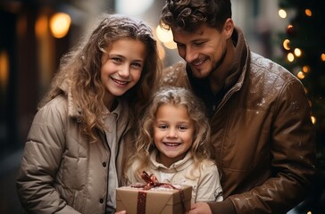 happy family with christmas gift box in city at christmas time.