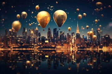 Hot air balloon with firework at night. Happy new year concept. - obrazy, fototapety, plakaty