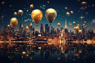 Muurstickers Hot air balloon with firework at night. Happy new year concept. © soysuwan123