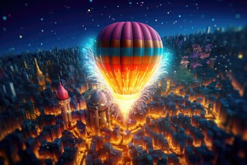 Obraz premium Hot air balloon with firework at night. Happy new year concept.